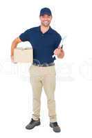 Delivery man with package and clipboard on white background