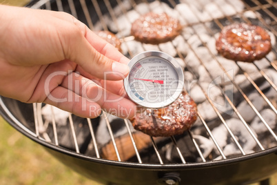 Man using meat thermometer while barbecuing