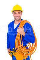 Smiling handyman with rolled wire on white background