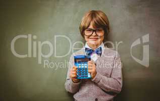 Portrait of cute little boy holding calculator