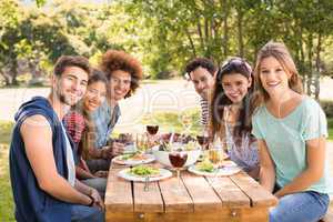 Happy friends in the park having lunch