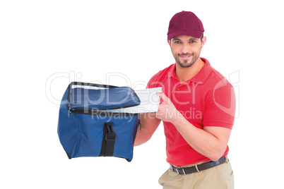 Pizza delivery man holding bag
