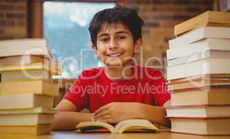 Portrait of boy reading book at desk