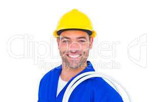 Electrician carrying wires over white background