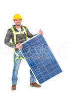 Smiling handyman with solar panel