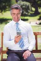 Businessman using his phone in the park