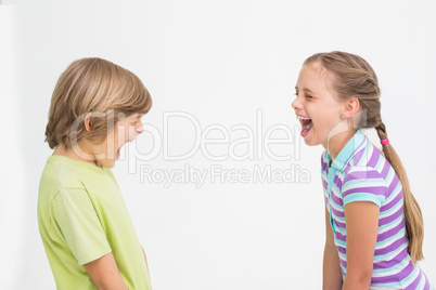 Siblings laughing on white background