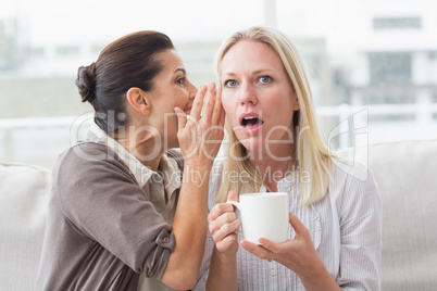 Woman revealing secret to her surprised friend