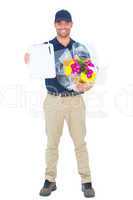 Flower delivery man showing clipboard