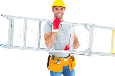 Smiling male workman carrying ladder