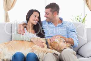 Happy couple stroking Golden Retriever on sofa