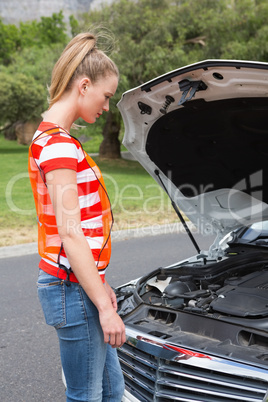 Worried young woman beside her broken down car