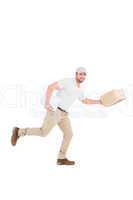 Delivery man with cardboard boxes running