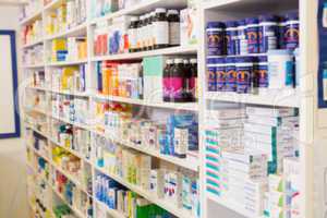 Close up of shelves of drugs