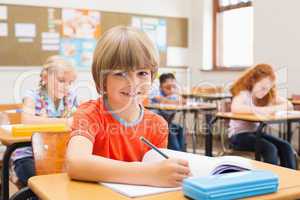 Cute pupils writing at desk in classroom