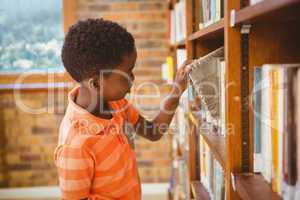 Side view of boy selecting book in library