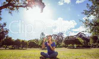 Pretty woman blowing bubbles in the park