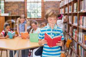 Cute pupil looking for books in library