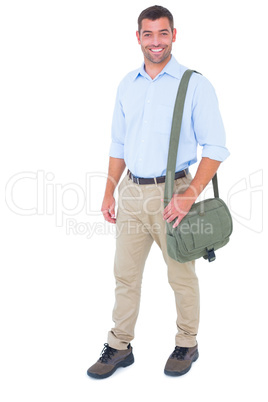 Portrait of postman with shoulder bag on white background