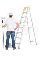 handyman with paint roller and ladder
