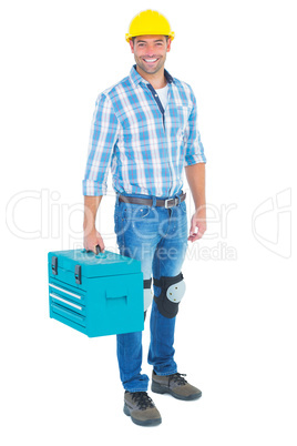 Full length portrait of repairman with toolbox