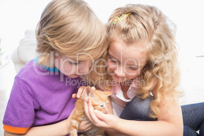 Brother and sister with kitten at home