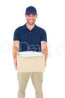 Handsome courier man with parcel