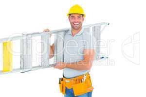 Portrait of smiling repairman carrying ladder