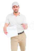 Delivery man giving clipboard for signature