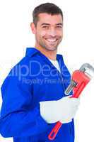 Smiling male mechanic holding monkey wrench