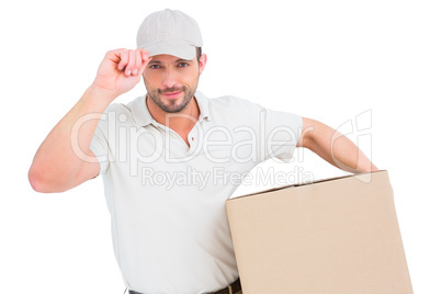 Delivery man with cardboard box wearing cap