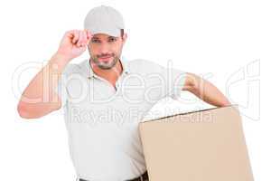 Delivery man with cardboard box wearing cap