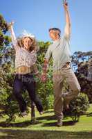 Happy couple jumping in the park