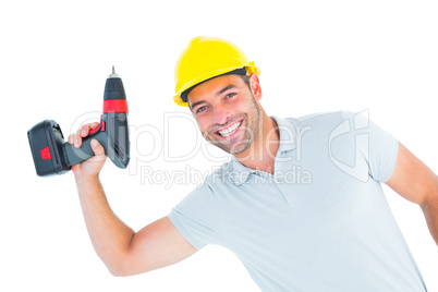 Smiling repairman holding power drill