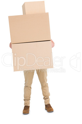 Courier man carrying cardboard boxes