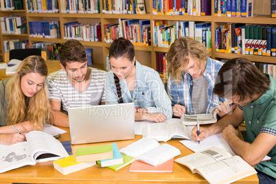 College students doing homework in library