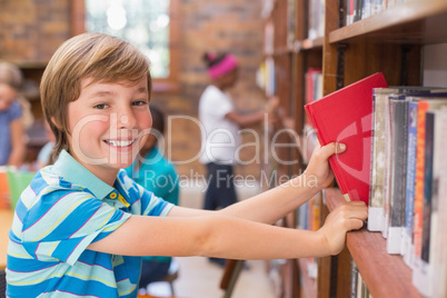 Cute pupil looking for books in library