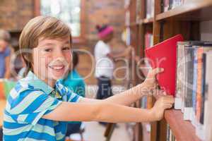 Cute pupil looking for books in library