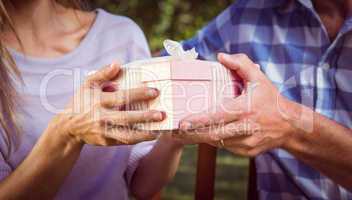 Couple exchanging a gift in park