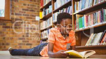 Cute boy reading book in library