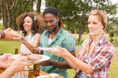 Happy friends in the park having lunch