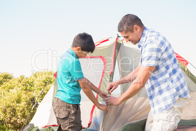 Father and son pitching their tent