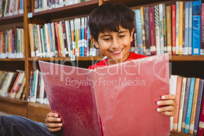 Cute boy reading book in library