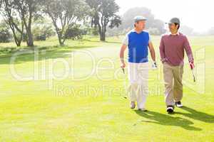 Golfer friends walking and chatting