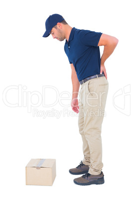 Delivery man suffering from backache on white background