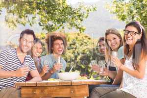 Happy friends in the park having lunch