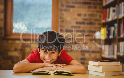 Portrait of boy reading book in library