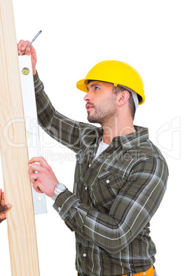 Carpenter using spirit level on wood plank