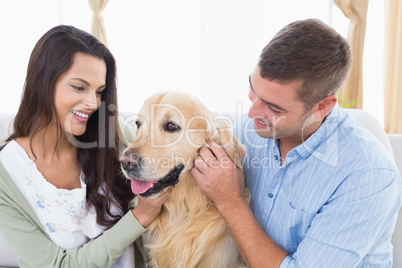 Couple stroking dog at home
