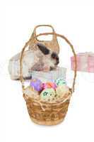 Easter bunny with gift boxes and wicker basket
